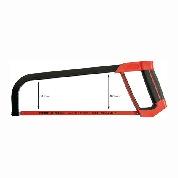 PUK Metallsäge 300Z24, schwarz-roter Griff, 300 Millimeter HSS-Bi-Metall-Blatt, 24 Zähne pro Zoll, Schnitthöhe 80 und 100 Millimeter.