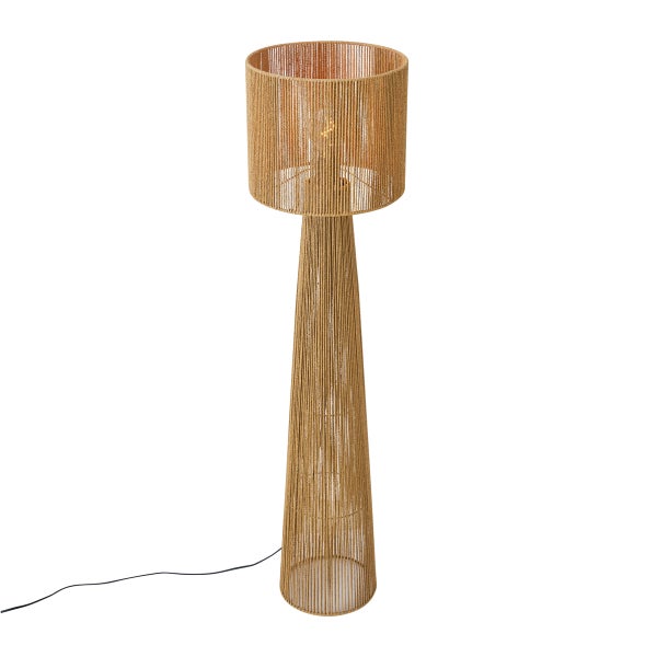 Stehleuchte aus Naturseil mit zylindrischem Schirm und konischem Sockel.