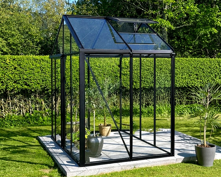 Modernes Gewächshaus mit schwarzem Aluminiumrahmen, Glaswänden und einem geöffneten Dachfenster auf einer gepflasterten Fläche im Garten.