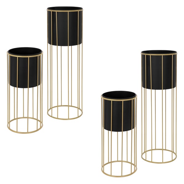 ML-Design Blumenständer 4er Set, Schwarz-Gold, 21x46,7/24x70,5 cm, rund, Stahl, Blumentopfständer mit Übertopf, Metall Pflanzenständer, Blumentopfhalter 4-tlg, Pflanztopf Deko Blumensäule Blumenhocker