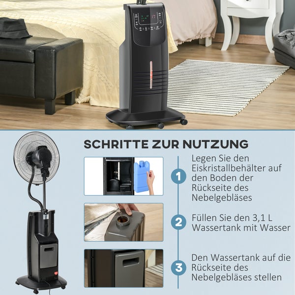 HOMCOM Standventilator mit 3,1 Liter Wasserkühlung 3 Modi Nebelfunktion 90 W Ventilator Lüfter Verstellbarer Neigungswinkel Stahl Schwarz Höhe 135 cm