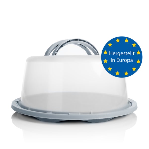 Tortenbehälter aus Kunststoff mit transparentem Deckel und Tragegriff, Hergestellt in Europa.