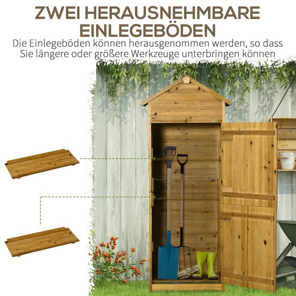 Outsunny Gartenschrank Holz, Geräteschuppen wetterfest 79x49x191,5cm, Gerätehaus mit Doppeltür, Satteldach, Geräteschrank mit Böden, Werkzeugschrank Gartenschuppen für Garten, Terrasse, Naturholz