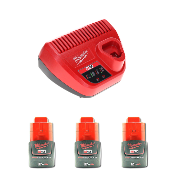 Milwaukee M12 Akku-Starterset mit einem Ladegerät und drei RedLithium-Ionen Akkus mit 2,0 Amperestunden.