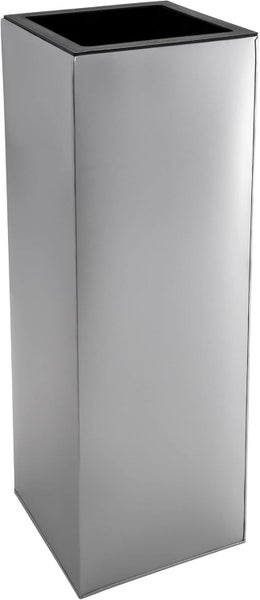 Hohes, silbernes, rechteckiges Pflanzgefäß aus Metall in Säulenform.