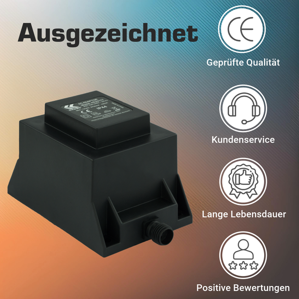 Schwarzer Wechselstrom-Adapter mit Hinweisen auf geprüfte Qualität, Kundenservice, lange Lebensdauer und positive Kundenbewertungen.