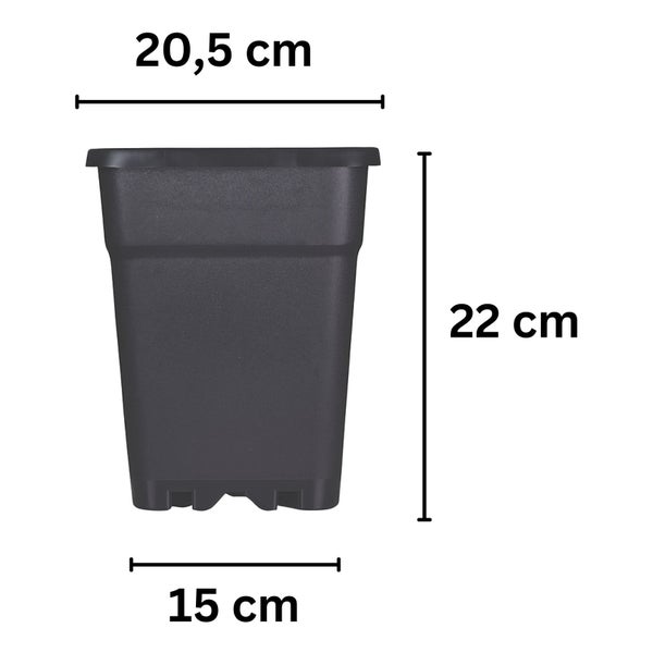 Quadratischer Pflanztopf mit den Maßen oben 20,5 Zentimeter, unten 15 Zentimeter und einer Höhe von 22 Zentimetern.