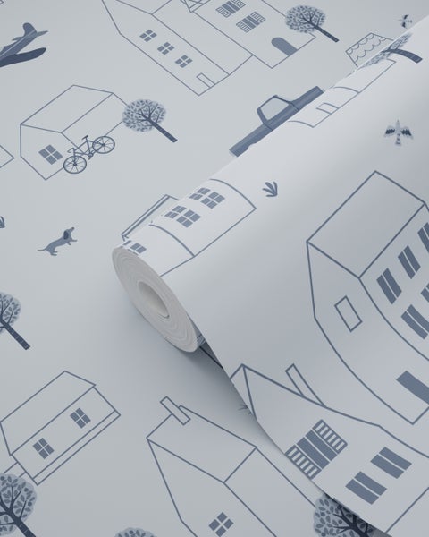 Tapetenrolle mit Häusern, Bäumen und Tieren Muster