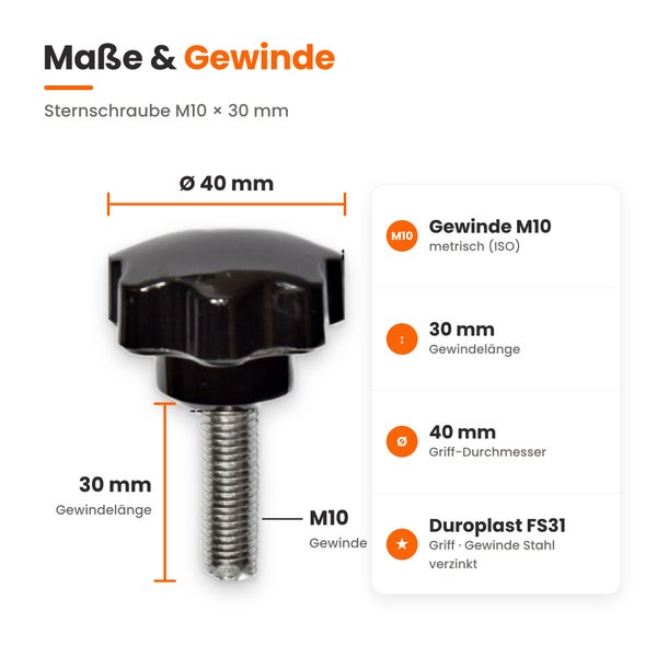 Technische Zeichnung einer Sternschraube mit M10 Gewinde und 30 mm Gewindelänge sowie 40 mm Griffdurchmesser aus Duroplast und verzinktem Stahl.