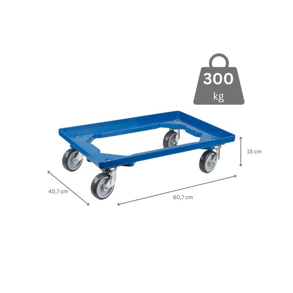 PROREGAL Transportroller für Euroboxen 60 x 40 cm mit Gummiräder Blau Offenes Deck 2 Lenkrollen und 2 Bockrollen Traglast 300 kg