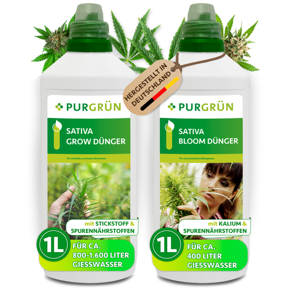 Zwei Flaschen Purgrün Sativa Grow und Bloom Dünger mit je einem Liter Inhalt zur Düngung von Pflanzen.