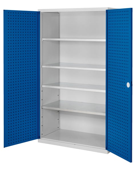 Werkstattschrank mit Lochblechtüren und Regalböden