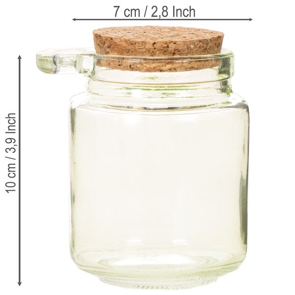 Durchsichtiger Glasbehälter mit Korkdeckel, Breite 7 Zentimeter / 2,8 Zoll, Höhe 10 Zentimeter / 3,9 Zoll.