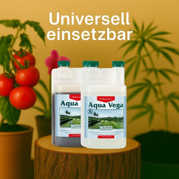 Zwei Flaschen Canna Aqua Vega Pflanzendünger auf einem Holzstumpf neben einer Tomatenpflanze mit der Aufschrift Universell einsetzbar.