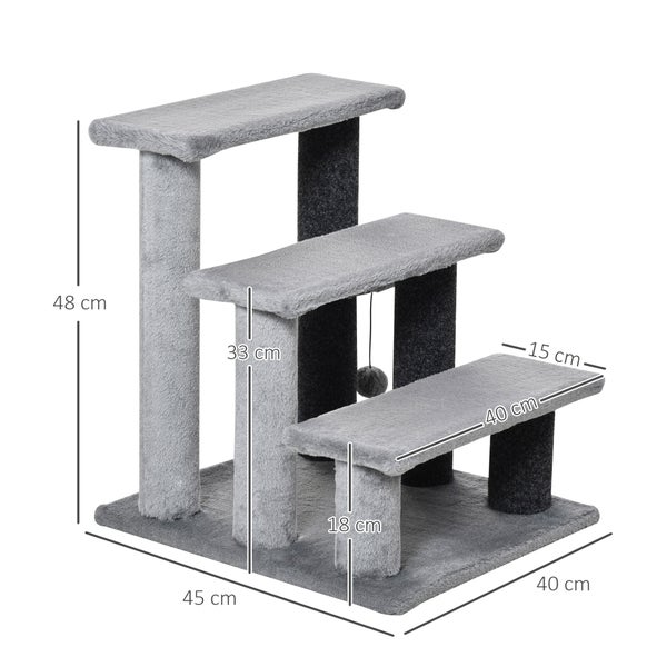 PawHut Katzentreppe 3-stufige Haustiertreppe mit Kratzsäulen Ball Hundetreppe Tiertreppe für Katzen bis 5 kg Plüsch Jute Grau 45 x 40 x 48 cm