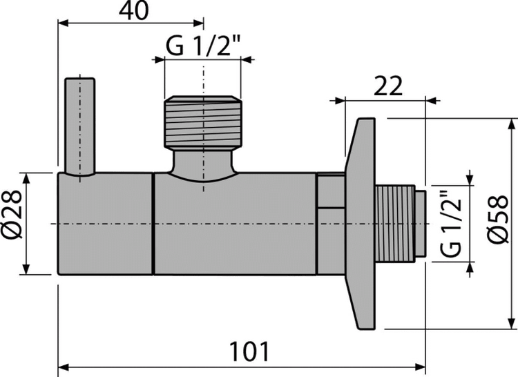 Technische Zeichnung eines Eckventils: Länge 101 Millimeter, Durchmesser 28 Millimeter, G 1/2 Zoll Gewinde, 58 Millimeter Rosette.