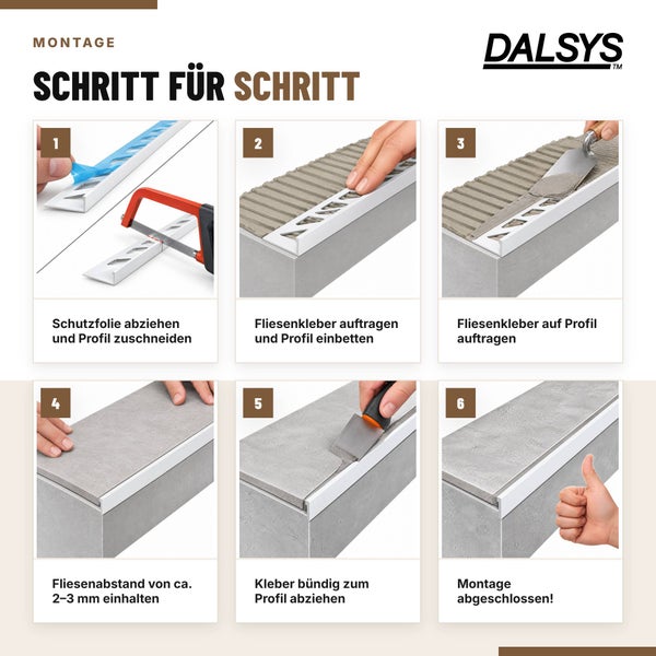 Dalsys Montageanleitung in sechs Schritten für Fliesenschienen inklusive Schutzfolie entfernen, Zuschneiden, Einbetten und Verfugen.