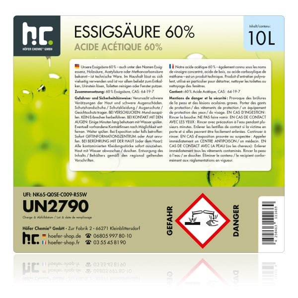 Essigsäure 60 Prozent in 10 Liter Behälter