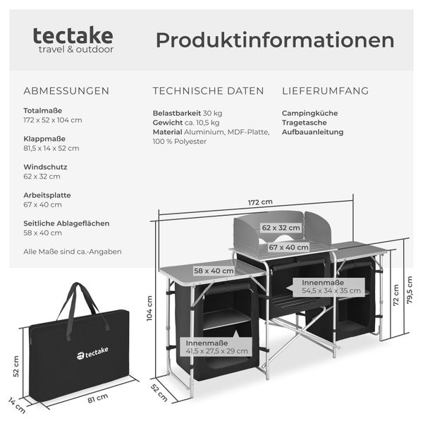 Produktinformationen zur Tectake Campingküche mit Abmessungen, technischen Daten und Lieferumfang