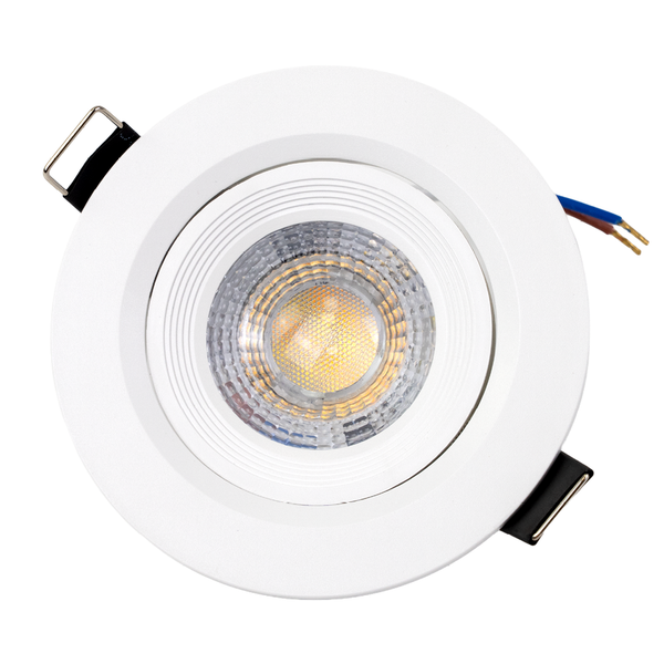 Runder LED Einbaustrahler in Weiß mit Befestigungsfedern und Anschlusskabeln.