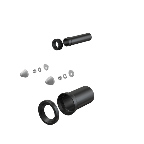 Anschlussgarnitur für Wandtoilette mit Spülrohr, Anschlussstutzen, Dichtungen und Befestigungsset inklusive Abdeckkappen.