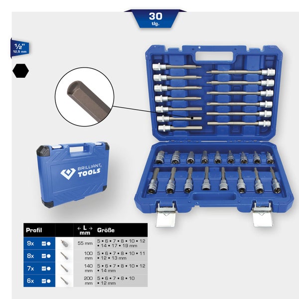 BRILLIANT TOOLS 1/2 Bit-Stecknuss-Satz 30tlg. Innensechskant-Profil - BT022030