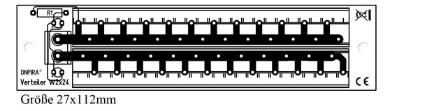 Elektrischer Verteiler ONPIRA W2x24, Abmessungen 27 mal 112 Millimeter, Leiterplatte mit Anschlusspunkten für elektrische Leitungen.