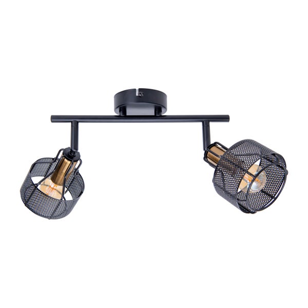 Deckenleuchte mit zwei Leuchtenköpfen und Metallgitterschirmen