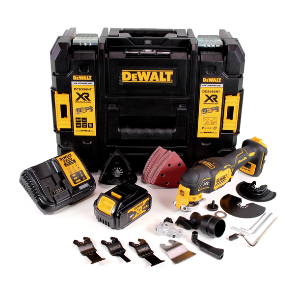 DeWalt Akku-Multitool-Set mit Akku, Ladegerät, Schleifpapier, Sägeblättern und robustem Transportkoffer.