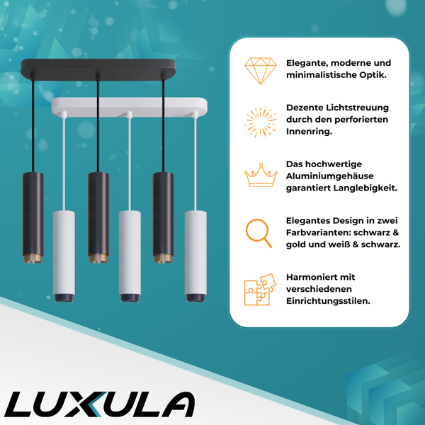 Luxula Pendelleuchte mit zylindrischen Lampenschirmen in Schwarz, Gold und Weiss