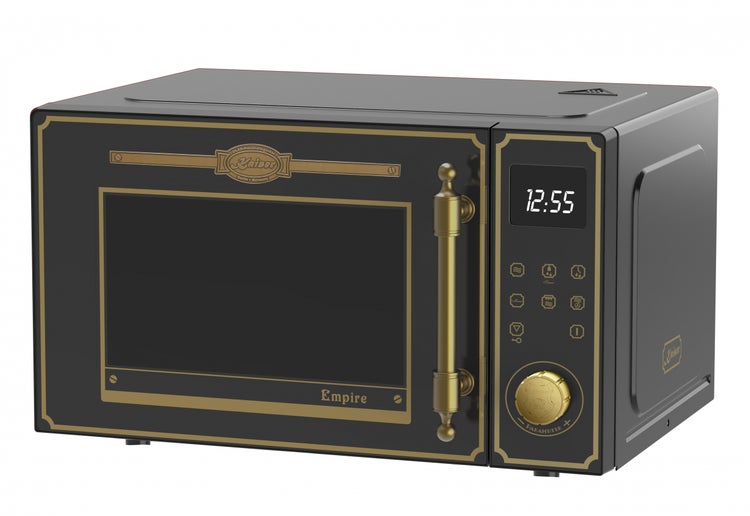 Kaiser Empire Mikrowelle im Retro Design mit digitaler Anzeige, Drehknebel und Seitengriff.