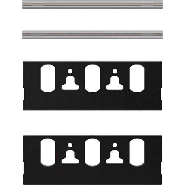 Montageset bestehend aus zwei Metallschienen und zwei schwarzen Kunststoffplatten
