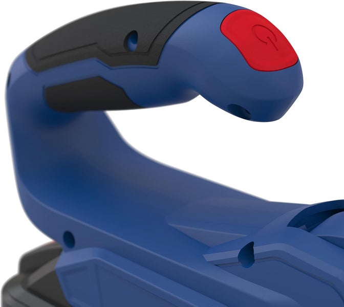 Nahaufnahme eines ergonomischen Griffs für ein Elektrowerkzeug mit Einschalttaste.