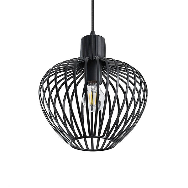 Schwarze Pendelleuchte aus Metall mit rundem Drahtkäfig-Schirm und sichtbarem Leuchtmittel.
