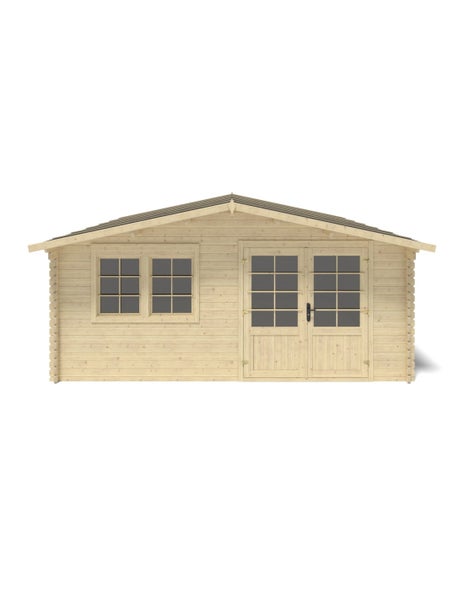 Gartenhaus aus Holz mit Satteldach, Doppeltür und zwei Fenstern in Blockbohlenbauweise.