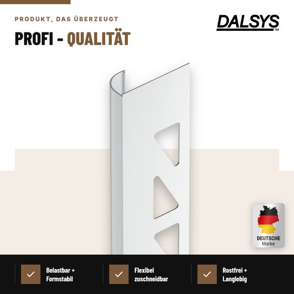 Dalsys Fliesenprofil als Abschlussleiste für Wandfliesen aus Metall mit robuster und rostfreier Materialbeschaffenheit.