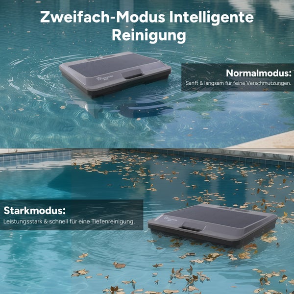 Evercross Bot Logo. Poolroboter mit zwei Reinigungsmodi: Normalmodus für feinen Schmutz und Starkmodus für gründliche Tiefenreinigung im Pool.