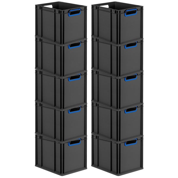 PROREGAL SparSet 10x Eurobox NextGen Color, HxBxT 32x30x40cm, 30 Liter, Griffe blau offen, Schwarz, Eurobehälter, Transportbox, Transportbehälter, Stapelbehälter