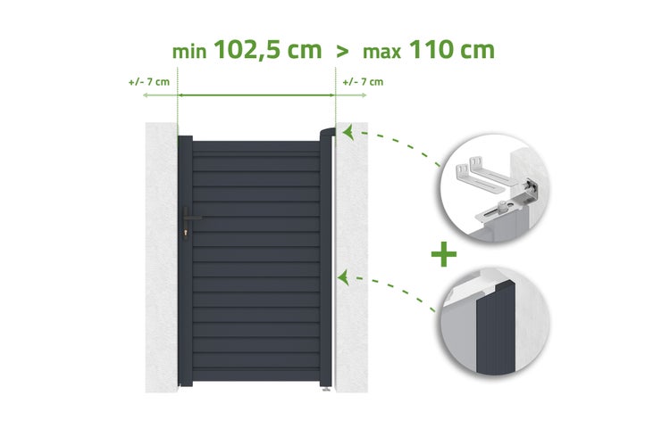 Gartentor aus Metall mit verstellbarer Breite von 102,5 bis 110 Zentimeter, inklusive Montagematerial und Detailansicht der Scharniere.