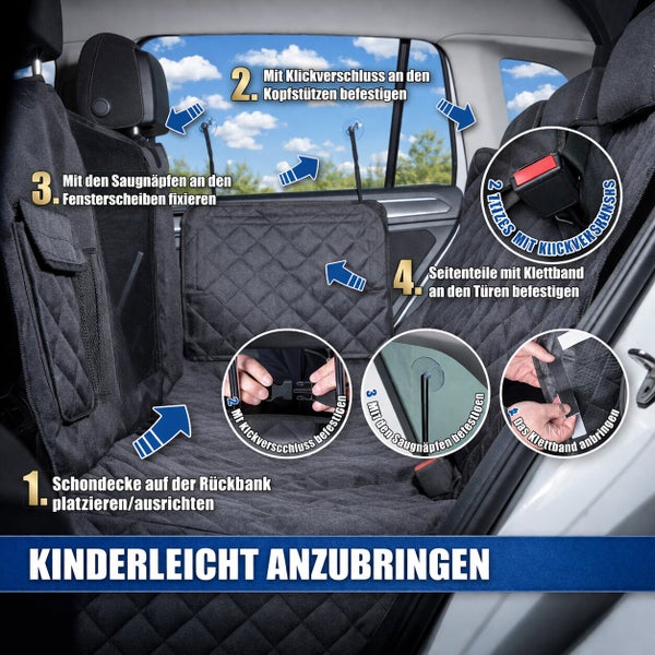 Anleitung zur Montage einer gesteppten Auto Rücksitzschutzdecke mit Klickverschlüssen, Saugnäpfen und Klettbändern für Hunde und Kindersitze.