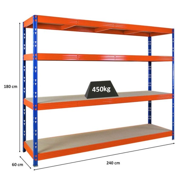 PROREGAL Profi Schwerlastregal Rhino, HxBxT 180x240x60cm, 4 Spanplatten-Ebenen 8mm, Fachlast 450kg, Blau/Orange