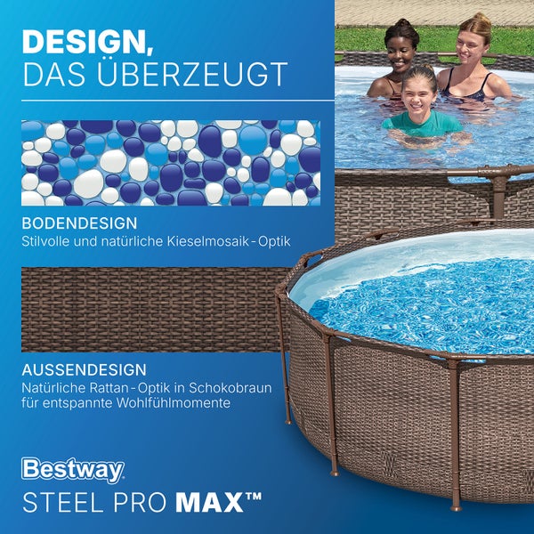 Bestway Steel Pro MAX Aufstellpool mit Außenwand in Rattan-Optik und Kieselmosaik-Boden, Personen im Wasser, Bestway Logo.