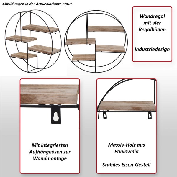 Wandregal mit vier Regalböden, Industrie Design, aus Massivholz und stabilem Eisengestell, zur Wandmontage