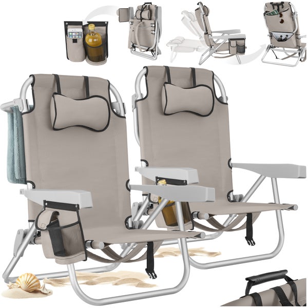 Zwei Strandstühle mit Getränkehalter, Handtuchhalter und Kopfstütze