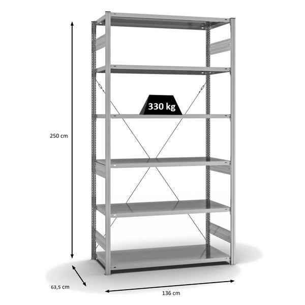 PROREGAL Fachbodenregal Stecksystem T-Profil Heavy-Duty Grundregal HxBxT 250 x 130 x 60 cm 6 Ebenen Fachlast 330 kg Einseitig Nutzbar Verzinkt
