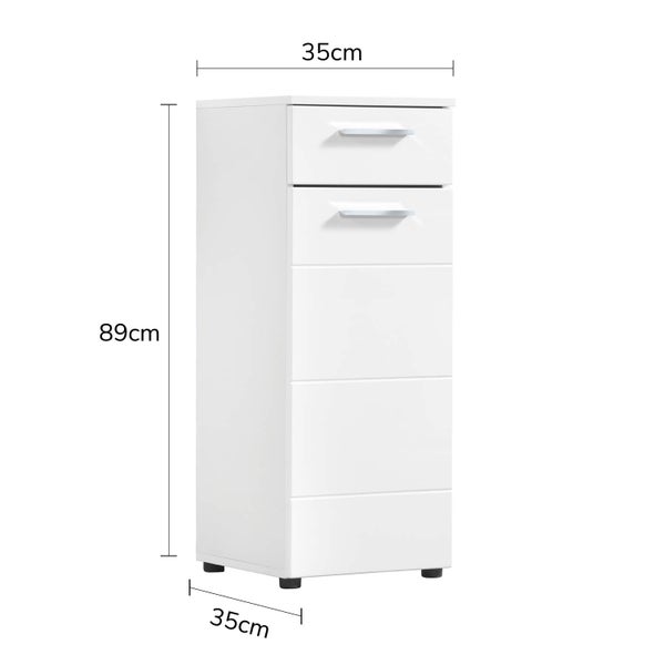 Bad-Beistellschrank schmal 'Der Matrose', Badschrank weiß, Badezimmerschrank oder Nischenschrank schmal, Midischrank Bad mit Schublade aus Holz in 89x35x35cm (HxBxT), auch als Badmöbel Set