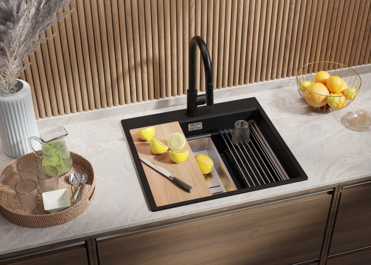 PRIMAGRAN Spülbecken Schwarz Metallic 58x53cm, Granitspüle 1 Becken + Ablauf-Set + Küchenzubehörset, Küchenspüle ab 60er Unterschrank - Oslo Max