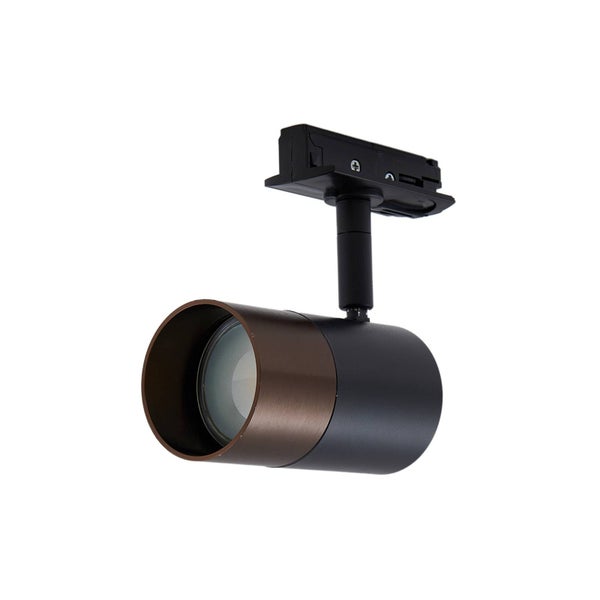 Verstellbarer LED-Schienenstrahler mit schwarzem Gehäuse und bronzefarbenem Frontring.