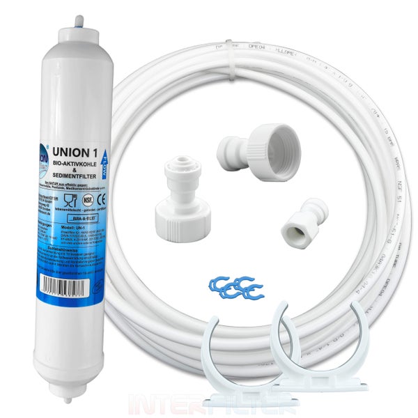 Union 1 Wasserfilter Set mit Aktivkohle und Sedimentfilter, inklusive Schlauch, Anschlüssen und Halterungen für Kühlschränke.
