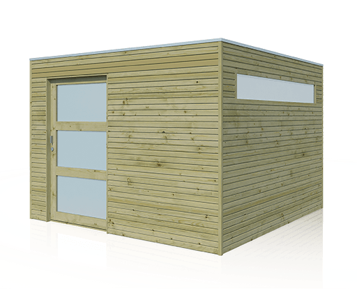Modernes Gartenhaus aus Holz mit Flachdach, einer Tür mit drei Glaseinsätzen und einem schmalen Seitenfenster.